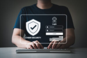 Business man typing username and password on virtual screen. Cyber security; data protection; safety internet network access; user personal information privacy concept.